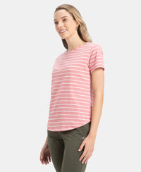 Super Combed Cotton Stripe Fabric Relaxed Fit Round Neck Half Sleeve T-Shirt with Curved Hem Styling - Brandied Apricot