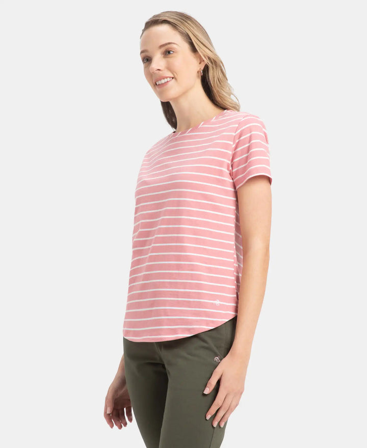 Super Combed Cotton Stripe Fabric Relaxed Fit Round Neck Half Sleeve T-Shirt with Curved Hem Styling - Brandied Apricot