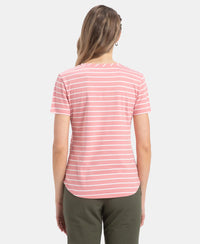 Super Combed Cotton Stripe Fabric Relaxed Fit Round Neck Half Sleeve T-Shirt with Curved Hem Styling - Brandied Apricot