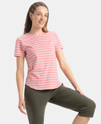 Super Combed Cotton Stripe Fabric Relaxed Fit Round Neck Half Sleeve T-Shirt with Curved Hem Styling - Brandied Apricot