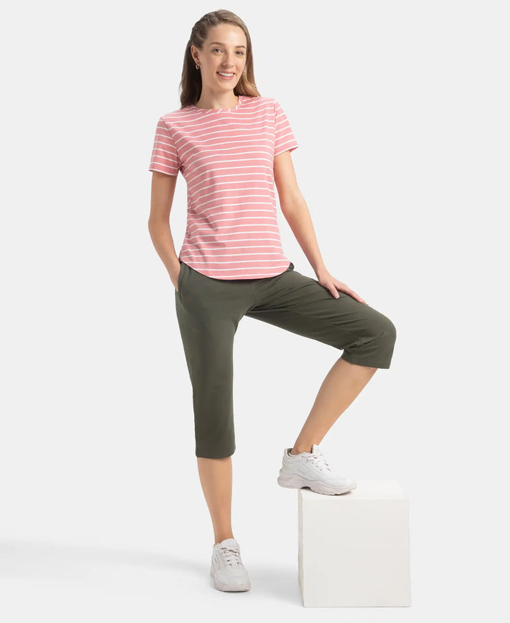 Super Combed Cotton Stripe Fabric Relaxed Fit Round Neck Half Sleeve T-Shirt with Curved Hem Styling - Brandied Apricot