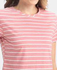 Super Combed Cotton Stripe Fabric Relaxed Fit Round Neck Half Sleeve T-Shirt with Curved Hem Styling - Brandied Apricot