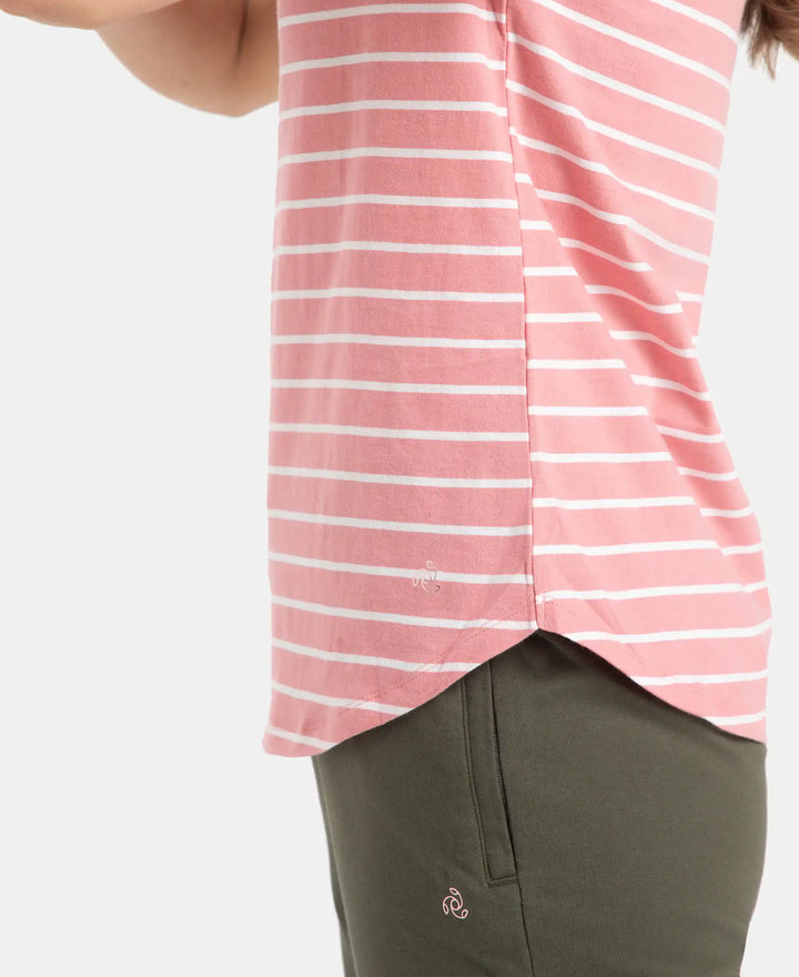 Super Combed Cotton Stripe Fabric Relaxed Fit Round Neck Half Sleeve T-Shirt with Curved Hem Styling - Brandied Apricot