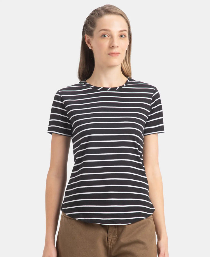 Super Combed Cotton Stripe Fabric Relaxed Fit Round Neck Half Sleeve T-Shirt with Curved Hem Styling - Black