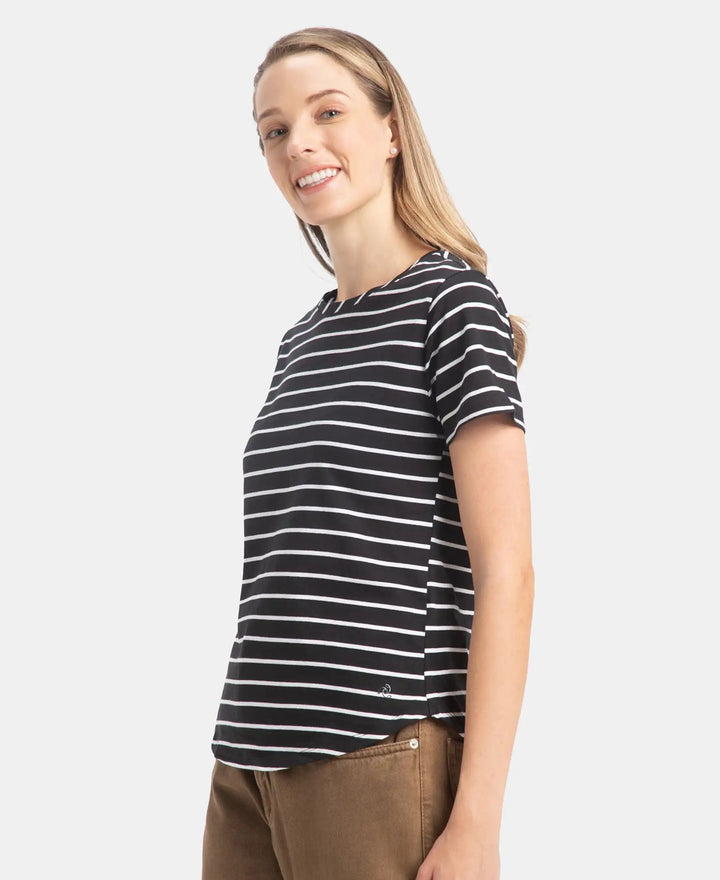 Super Combed Cotton Stripe Fabric Relaxed Fit Round Neck Half Sleeve T-Shirt with Curved Hem Styling - Black