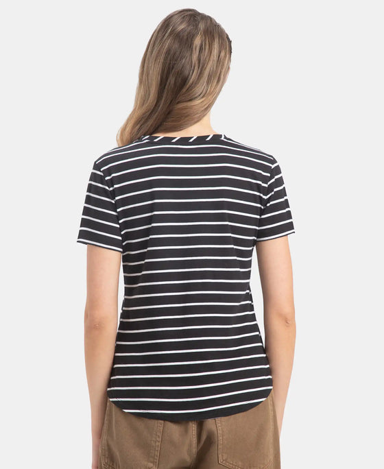 Super Combed Cotton Stripe Fabric Relaxed Fit Round Neck Half Sleeve T-Shirt with Curved Hem Styling - Black