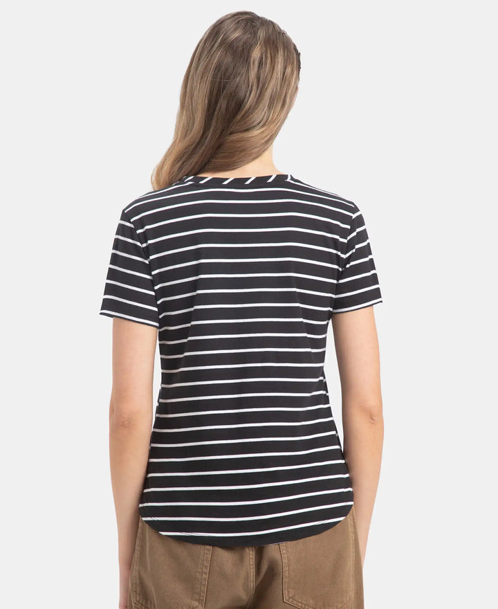 Super Combed Cotton Stripe Fabric Relaxed Fit Round Neck Half Sleeve T-Shirt with Curved Hem Styling - Black