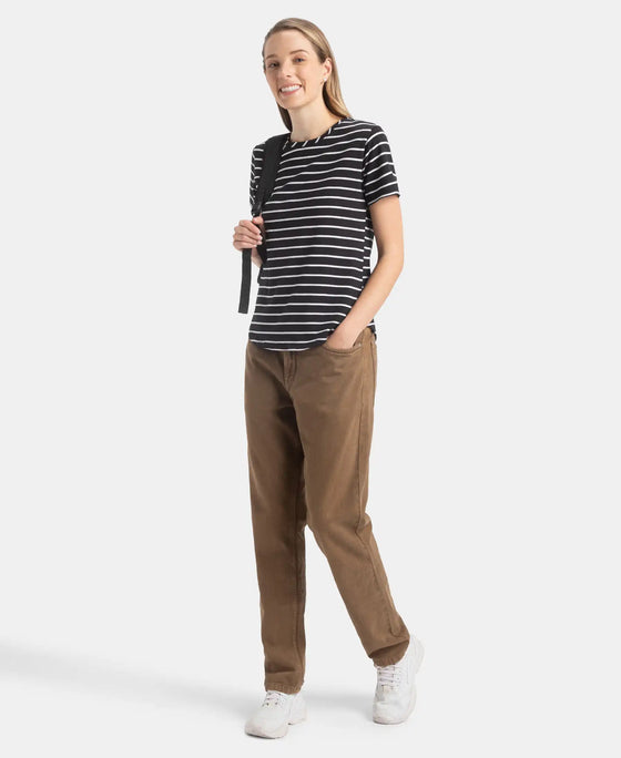 Super Combed Cotton Stripe Fabric Relaxed Fit Round Neck Half Sleeve T-Shirt with Curved Hem Styling - Black