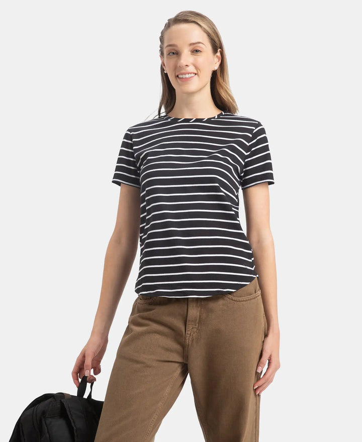 Super Combed Cotton Stripe Fabric Relaxed Fit Round Neck Half Sleeve T-Shirt with Curved Hem Styling - Black