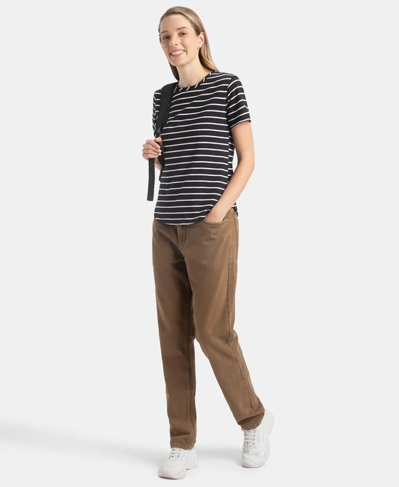 Super Combed Cotton Stripe Fabric Relaxed Fit Round Neck Half Sleeve T-Shirt with Curved Hem Styling - Black