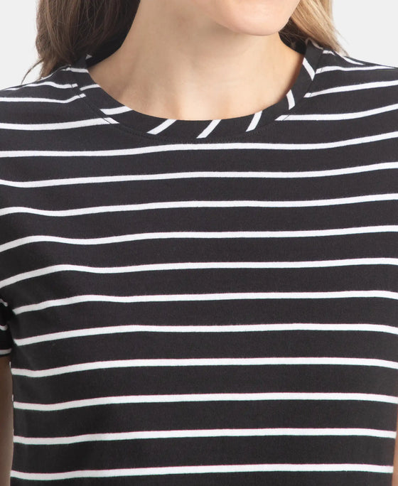 Super Combed Cotton Stripe Fabric Relaxed Fit Round Neck Half Sleeve T-Shirt with Curved Hem Styling - Black