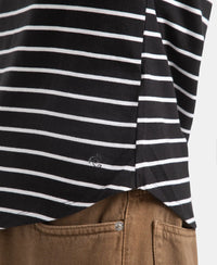 Super Combed Cotton Stripe Fabric Relaxed Fit Round Neck Half Sleeve T-Shirt with Curved Hem Styling - Black