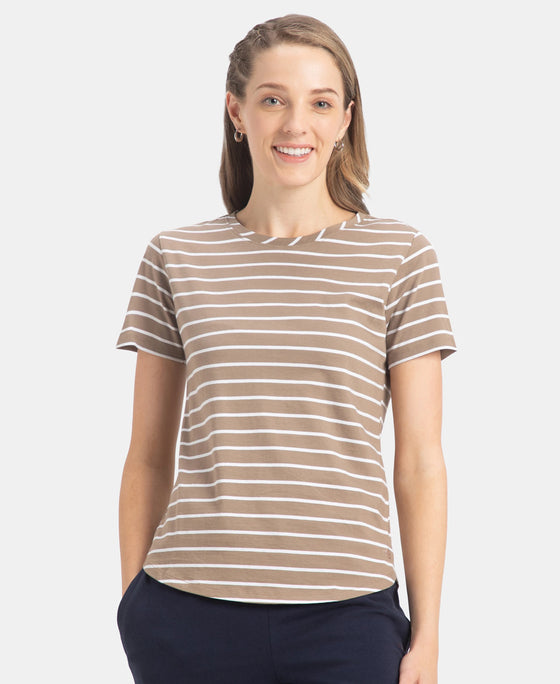 Super Combed Cotton Stripe Fabric Relaxed Fit Round Neck Half Sleeve T-Shirt with Curved Hem Styling - Desert Taupe