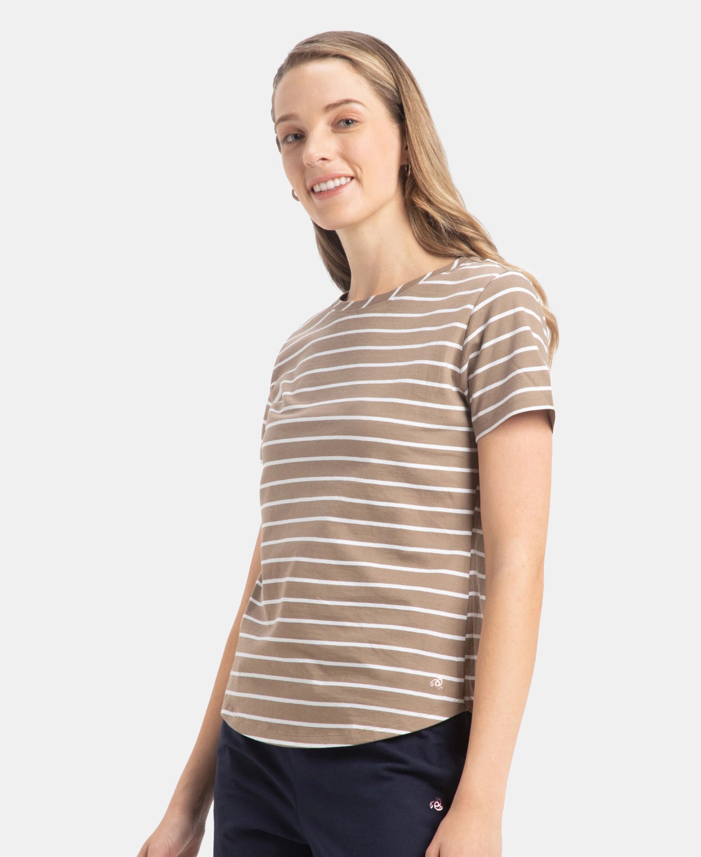 Super Combed Cotton Stripe Fabric Relaxed Fit Round Neck Half Sleeve T-Shirt with Curved Hem Styling - Desert Taupe