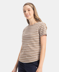 Super Combed Cotton Stripe Fabric Relaxed Fit Round Neck Half Sleeve T-Shirt with Curved Hem Styling - Desert Taupe
