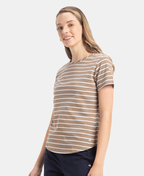 Super Combed Cotton Stripe Fabric Relaxed Fit Round Neck Half Sleeve T-Shirt with Curved Hem Styling - Desert Taupe