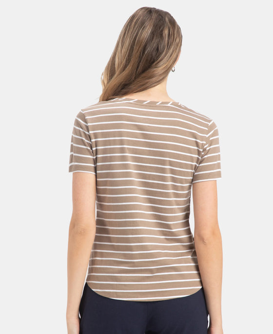 Super Combed Cotton Stripe Fabric Relaxed Fit Round Neck Half Sleeve T-Shirt with Curved Hem Styling - Desert Taupe