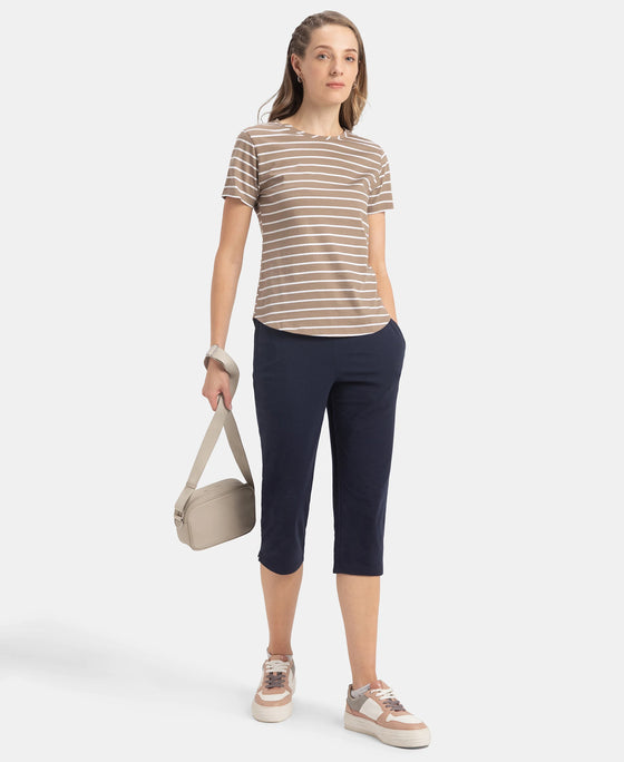 Super Combed Cotton Stripe Fabric Relaxed Fit Round Neck Half Sleeve T-Shirt with Curved Hem Styling - Desert Taupe