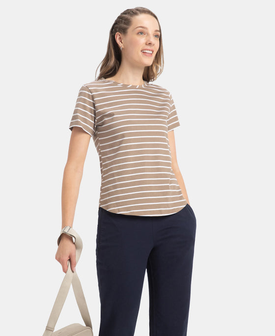 Super Combed Cotton Stripe Fabric Relaxed Fit Round Neck Half Sleeve T-Shirt with Curved Hem Styling - Desert Taupe
