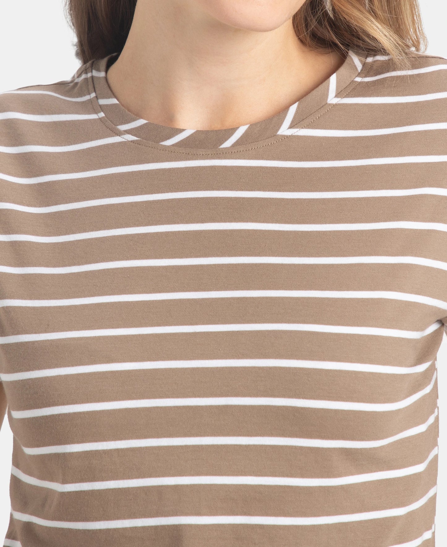 Super Combed Cotton Stripe Fabric Relaxed Fit Round Neck Half Sleeve T-Shirt with Curved Hem Styling - Desert Taupe