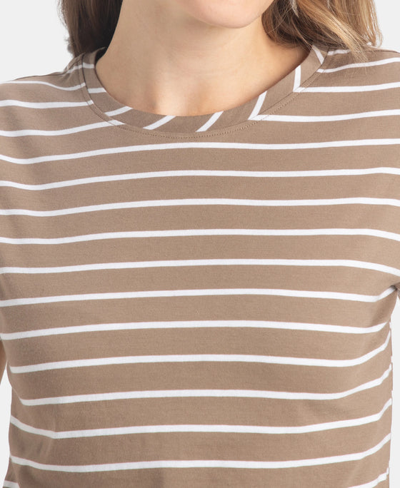 Super Combed Cotton Stripe Fabric Relaxed Fit Round Neck Half Sleeve T-Shirt with Curved Hem Styling - Desert Taupe