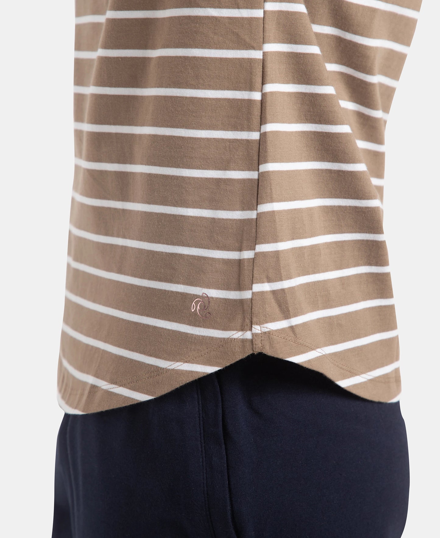 Super Combed Cotton Stripe Fabric Relaxed Fit Round Neck Half Sleeve T-Shirt with Curved Hem Styling - Desert Taupe
