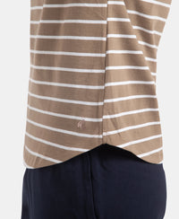 Super Combed Cotton Stripe Fabric Relaxed Fit Round Neck Half Sleeve T-Shirt with Curved Hem Styling - Desert Taupe