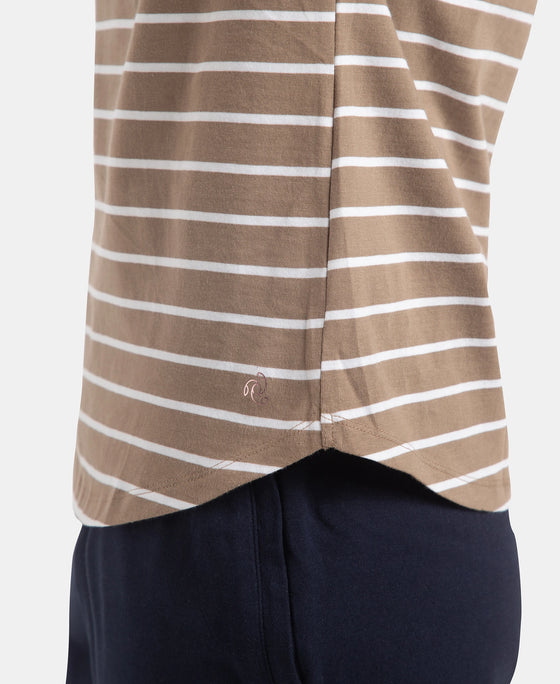 Super Combed Cotton Stripe Fabric Relaxed Fit Round Neck Half Sleeve T-Shirt with Curved Hem Styling - Desert Taupe