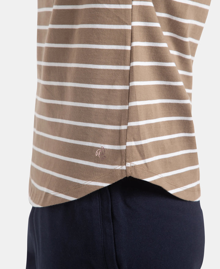 Super Combed Cotton Stripe Fabric Relaxed Fit Round Neck Half Sleeve T-Shirt with Curved Hem Styling - Desert Taupe