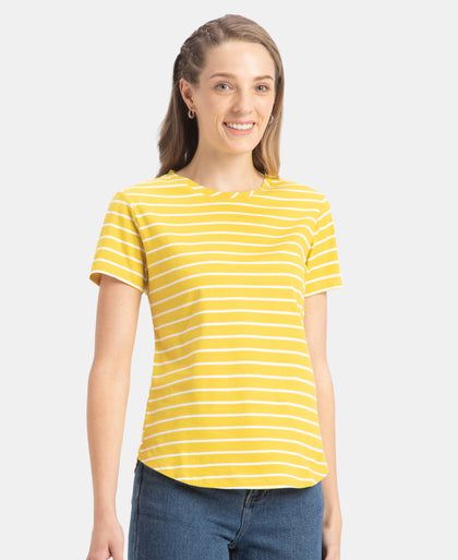 Super Combed Cotton Stripe Fabric Relaxed Fit Round Neck Half Sleeve T-Shirt with Curved Hem Styling - Mango Mint