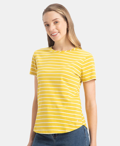 Super Combed Cotton Stripe Fabric Relaxed Fit Round Neck Half Sleeve T-Shirt with Curved Hem Styling - Mango Mint