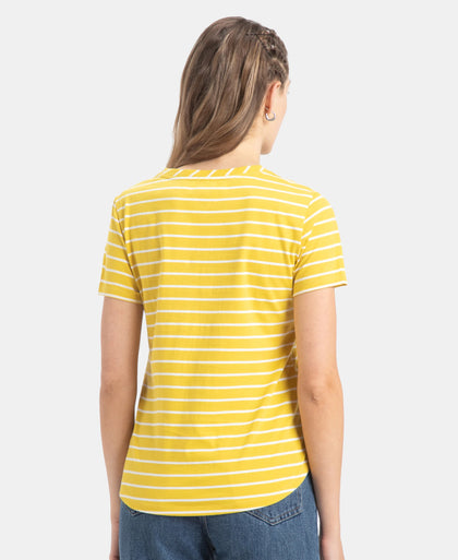 Super Combed Cotton Stripe Fabric Relaxed Fit Round Neck Half Sleeve T-Shirt with Curved Hem Styling - Mango Mint