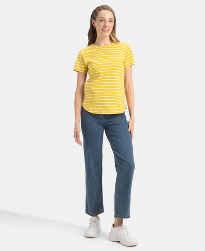 Super Combed Cotton Stripe Fabric Relaxed Fit Round Neck Half Sleeve T-Shirt with Curved Hem Styling - Mango Mint