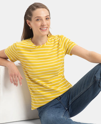 Super Combed Cotton Stripe Fabric Relaxed Fit Round Neck Half Sleeve T-Shirt with Curved Hem Styling - Mango Mint