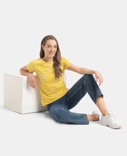 Super Combed Cotton Stripe Fabric Relaxed Fit Round Neck Half Sleeve T-Shirt with Curved Hem Styling - Mango Mint