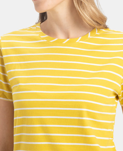 Super Combed Cotton Stripe Fabric Relaxed Fit Round Neck Half Sleeve T-Shirt with Curved Hem Styling - Mango Mint