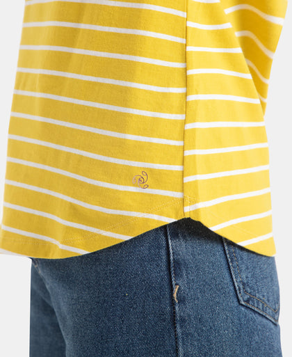 Super Combed Cotton Stripe Fabric Relaxed Fit Round Neck Half Sleeve T-Shirt with Curved Hem Styling - Mango Mint