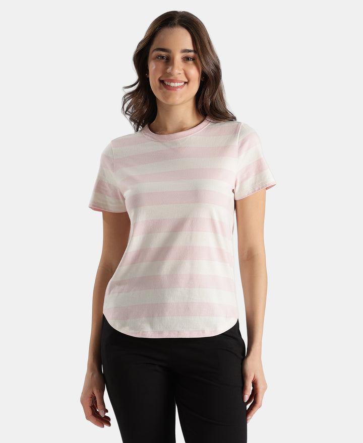 Super Combed Cotton Stripe Fabric Relaxed Fit Round Neck Half Sleeve Tshirt with Curved Hem Styling - Potpourri