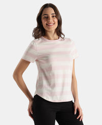 Super Combed Cotton Stripe Fabric Relaxed Fit Round Neck Half Sleeve Tshirt with Curved Hem Styling - Potpourri