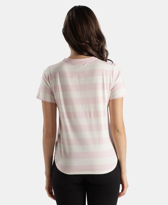 Super Combed Cotton Stripe Fabric Relaxed Fit Round Neck Half Sleeve Tshirt with Curved Hem Styling - Potpourri