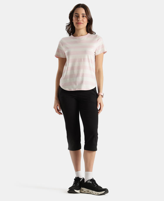 Super Combed Cotton Stripe Fabric Relaxed Fit Round Neck Half Sleeve Tshirt with Curved Hem Styling - Potpourri