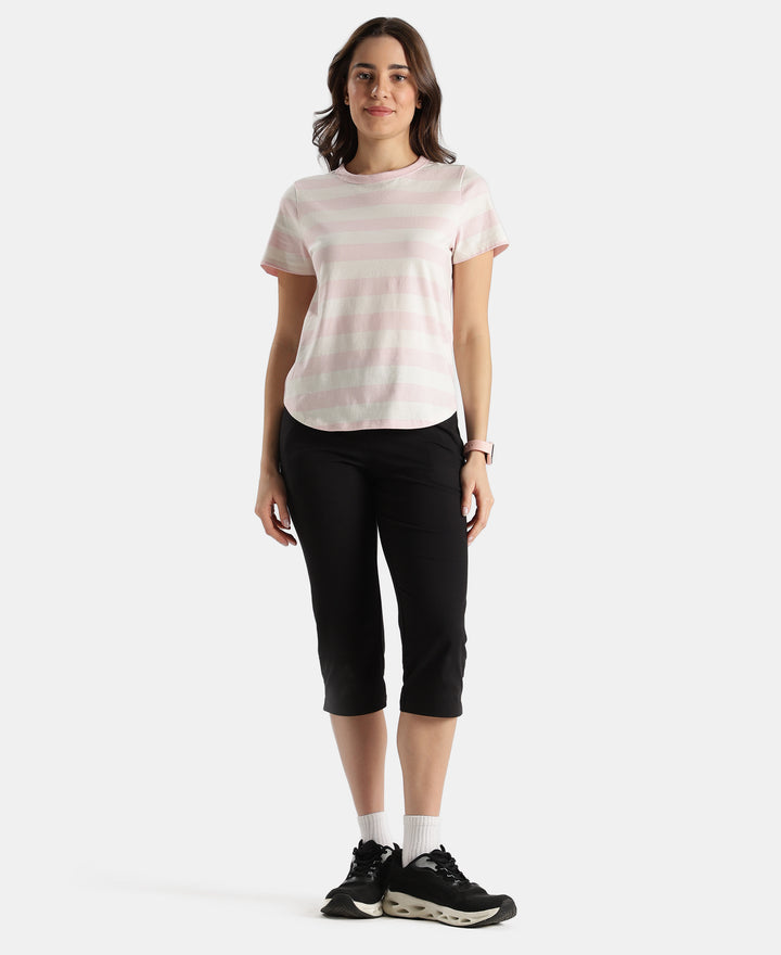 Super Combed Cotton Stripe Fabric Relaxed Fit Round Neck Half Sleeve Tshirt with Curved Hem Styling - Potpourri