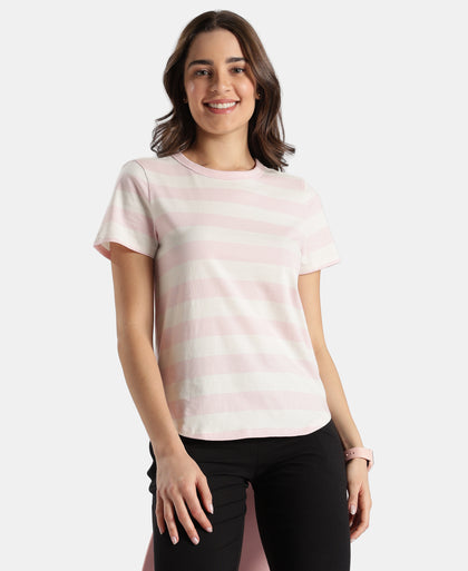Super Combed Cotton Stripe Fabric Relaxed Fit Round Neck Half Sleeve Tshirt with Curved Hem Styling - Potpourri