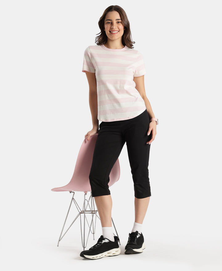 Super Combed Cotton Stripe Fabric Relaxed Fit Round Neck Half Sleeve Tshirt with Curved Hem Styling - Potpourri