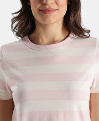 Super Combed Cotton Stripe Fabric Relaxed Fit Round Neck Half Sleeve Tshirt with Curved Hem Styling - Potpourri