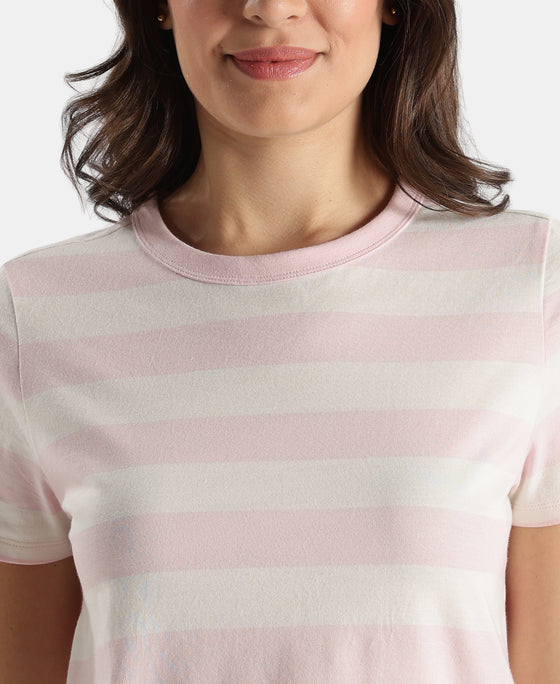 Super Combed Cotton Stripe Fabric Relaxed Fit Round Neck Half Sleeve Tshirt with Curved Hem Styling - Potpourri