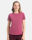 Super Combed Cotton Stripe Fabric Relaxed Fit Round Neck Half Sleeve T-Shirt with Curved Hem Styling - Red Plum