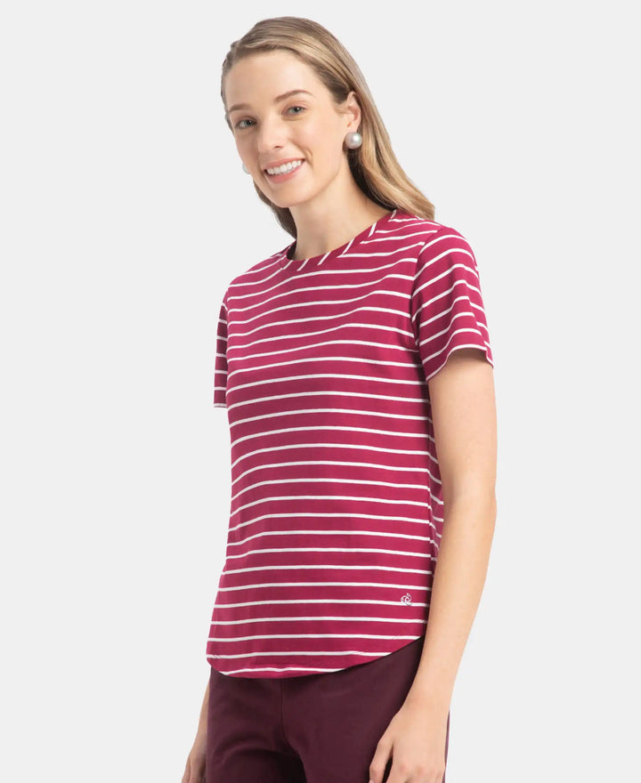 Super Combed Cotton Stripe Fabric Relaxed Fit Round Neck Half Sleeve T-Shirt with Curved Hem Styling - Red Plum
