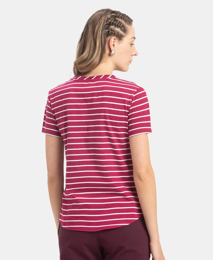 Super Combed Cotton Stripe Fabric Relaxed Fit Round Neck Half Sleeve T-Shirt with Curved Hem Styling - Red Plum