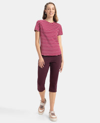 Super Combed Cotton Stripe Fabric Relaxed Fit Round Neck Half Sleeve T-Shirt with Curved Hem Styling - Red Plum